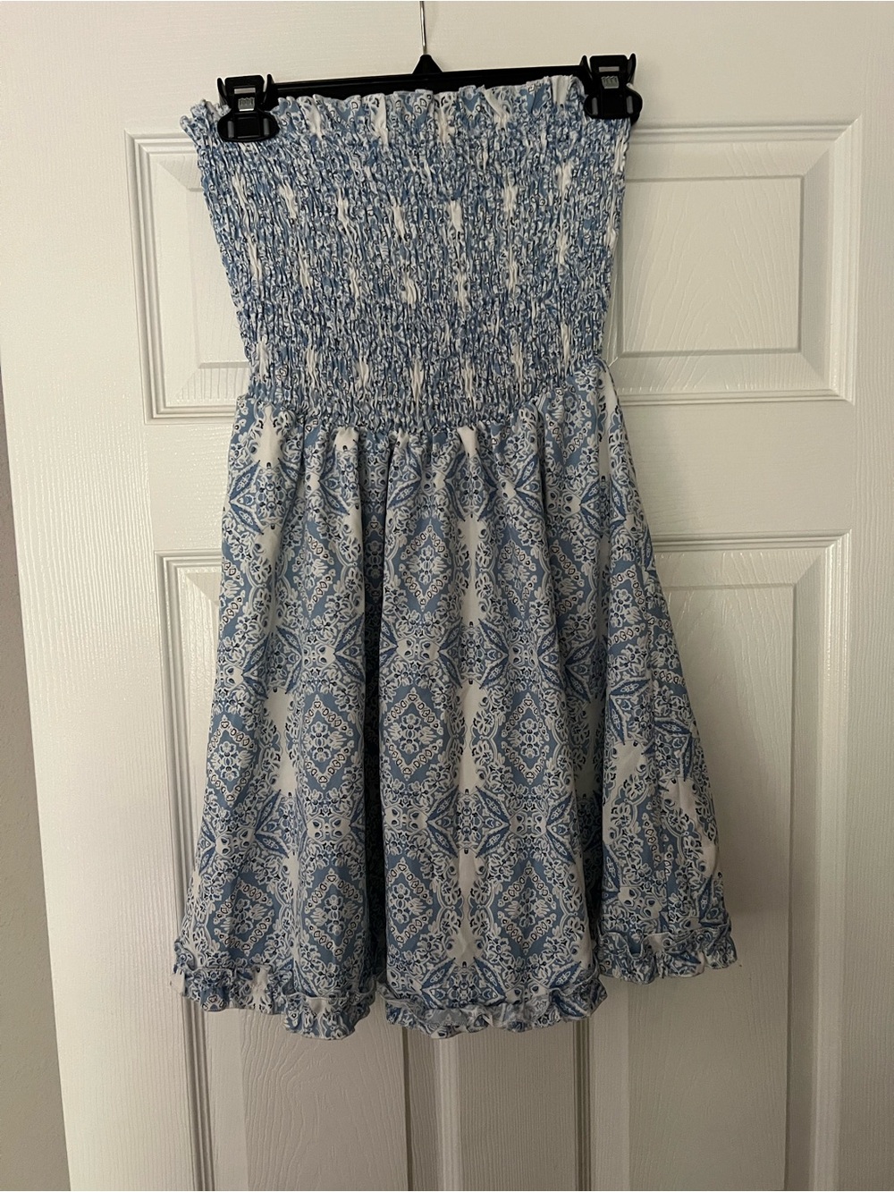 Blue & White Strapless Smocked Mini Dress